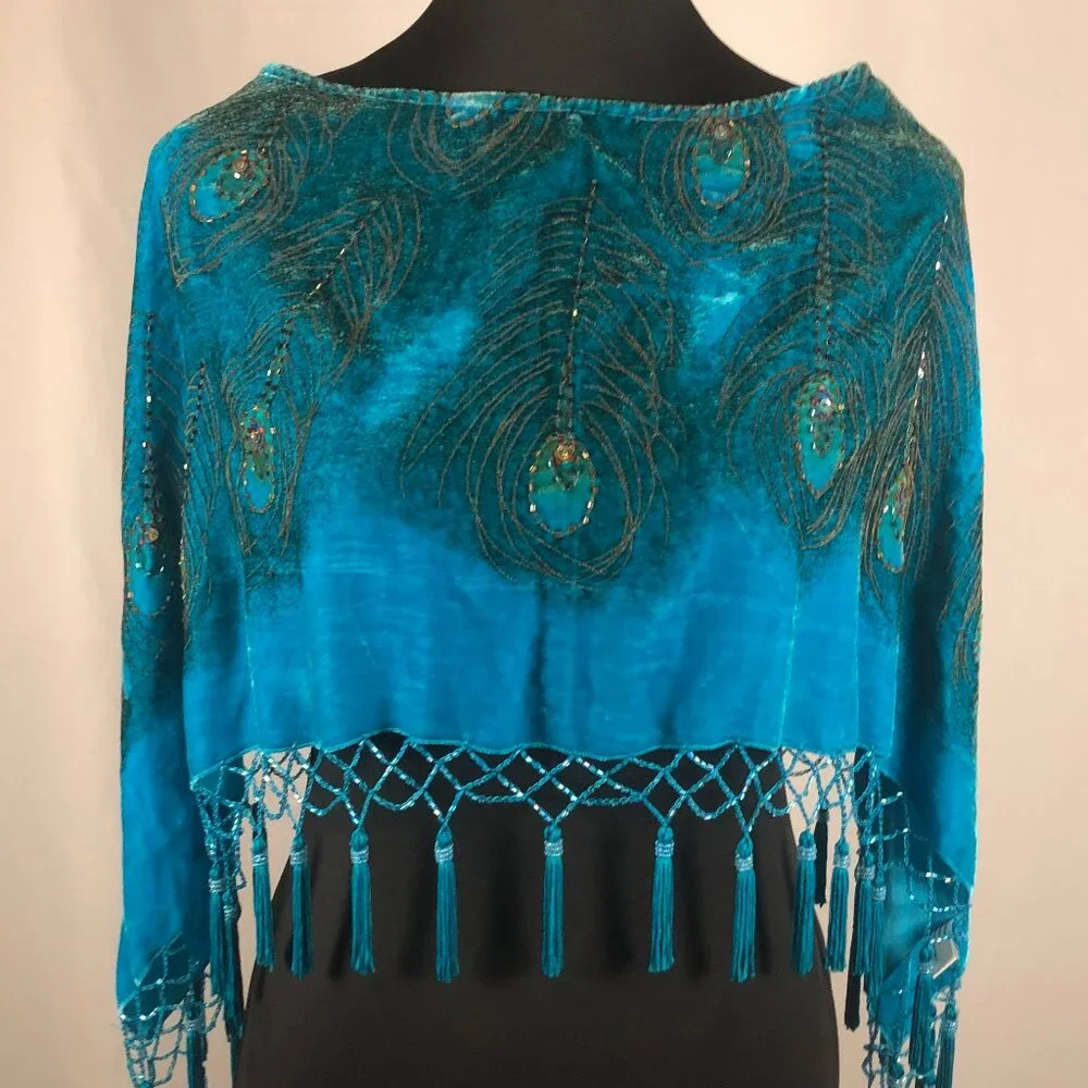 Vintage FST USA Silk & Rayon Peacock Embroidered Shawl – Boho Luxe Evening Wrap